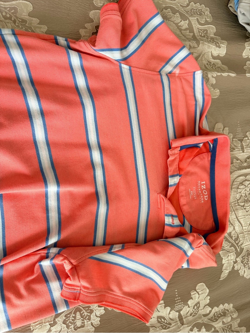 Izod Coral Stripe Polo with Blue and White Accents